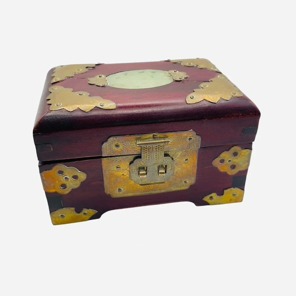 Vintage Wood & Brass Shanghai Chinese Jade Inlay Jewelry Box 5.25